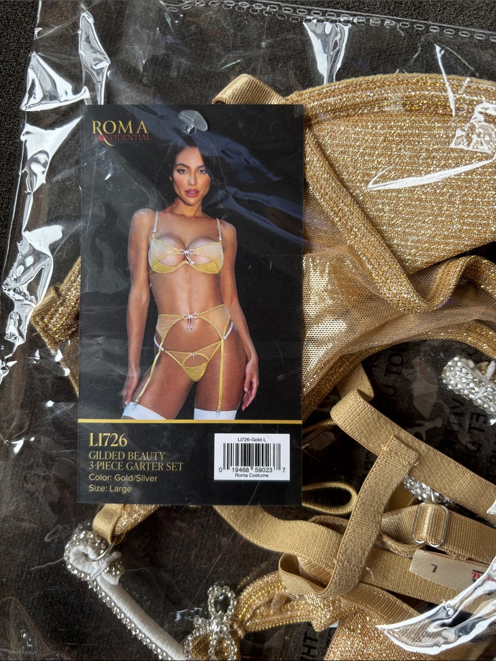 ROMA Gold & Silver Metallic 3-Piece Garter Lingerie Set and Black strappy pantie
